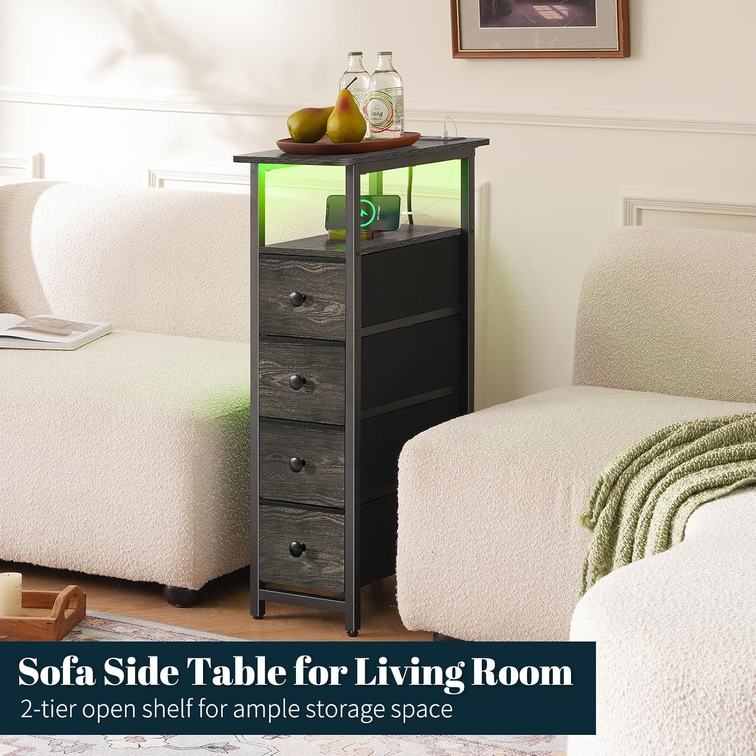 Yoobure Narrow Nightstand with Charging Station, LED Tall Narrow Side Table