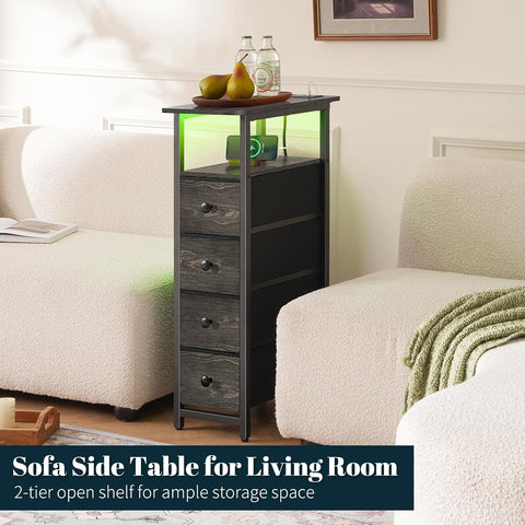 Yoobure Narrow Nightstand with Charging Station, LED Tall Narrow Side Table