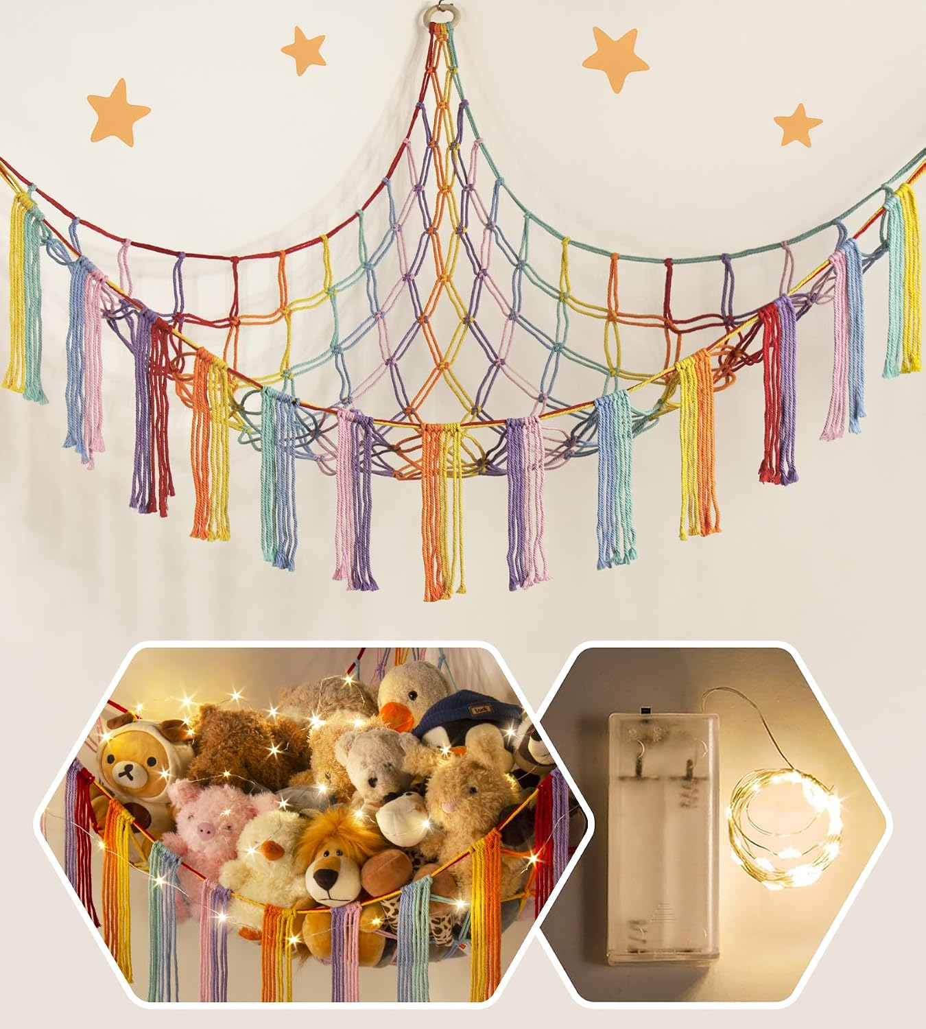 RelaxScene Stuffed Animal Hammock Corner with LED Light - Toy Storage Hammock Plushie Net Large - Cute Stuff Animals Holder Hanging Organizer - Baby Room Rainbow Decor Kids Toddler Nursery Bedroom