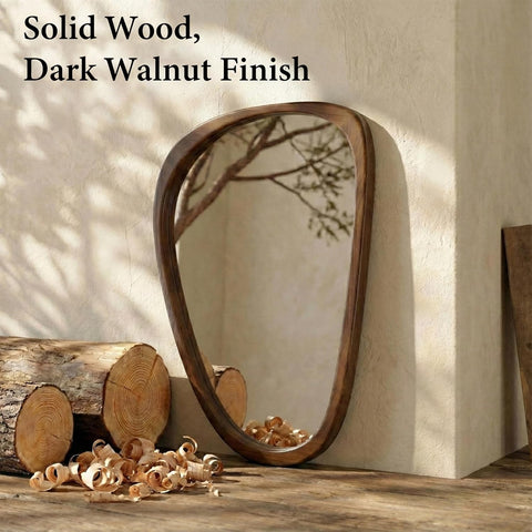 Solid Wood 30"x20" Dark Walnut Organic Irregular Wall Mirror Decor