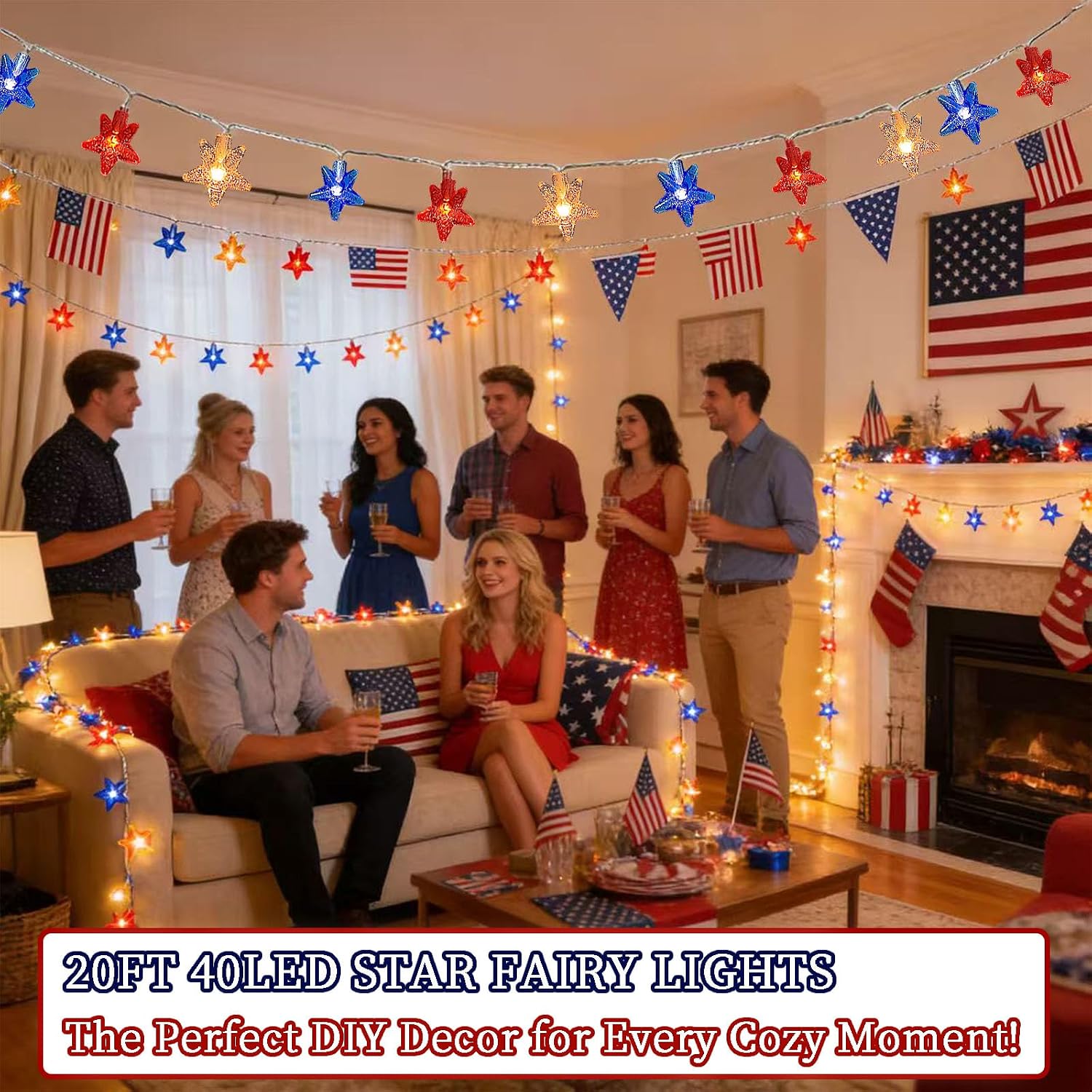 Red White Blue Patriotic String Lights 20FT 40 LED Star Fairy Lights USB and Battery Operated 2 Lighting Modes IP42 Waterproof Indoor Outdoor All Season Americana Decor for Bedroom Desk Patio Camping