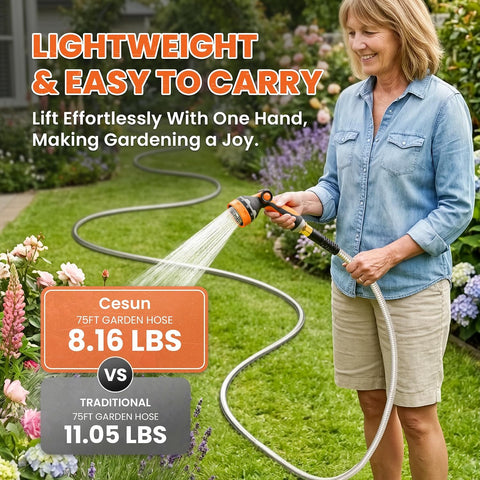 Cesun 75 ft Metal Garden Hose with 10 Function Nozzle, 75 foot x 5/8"