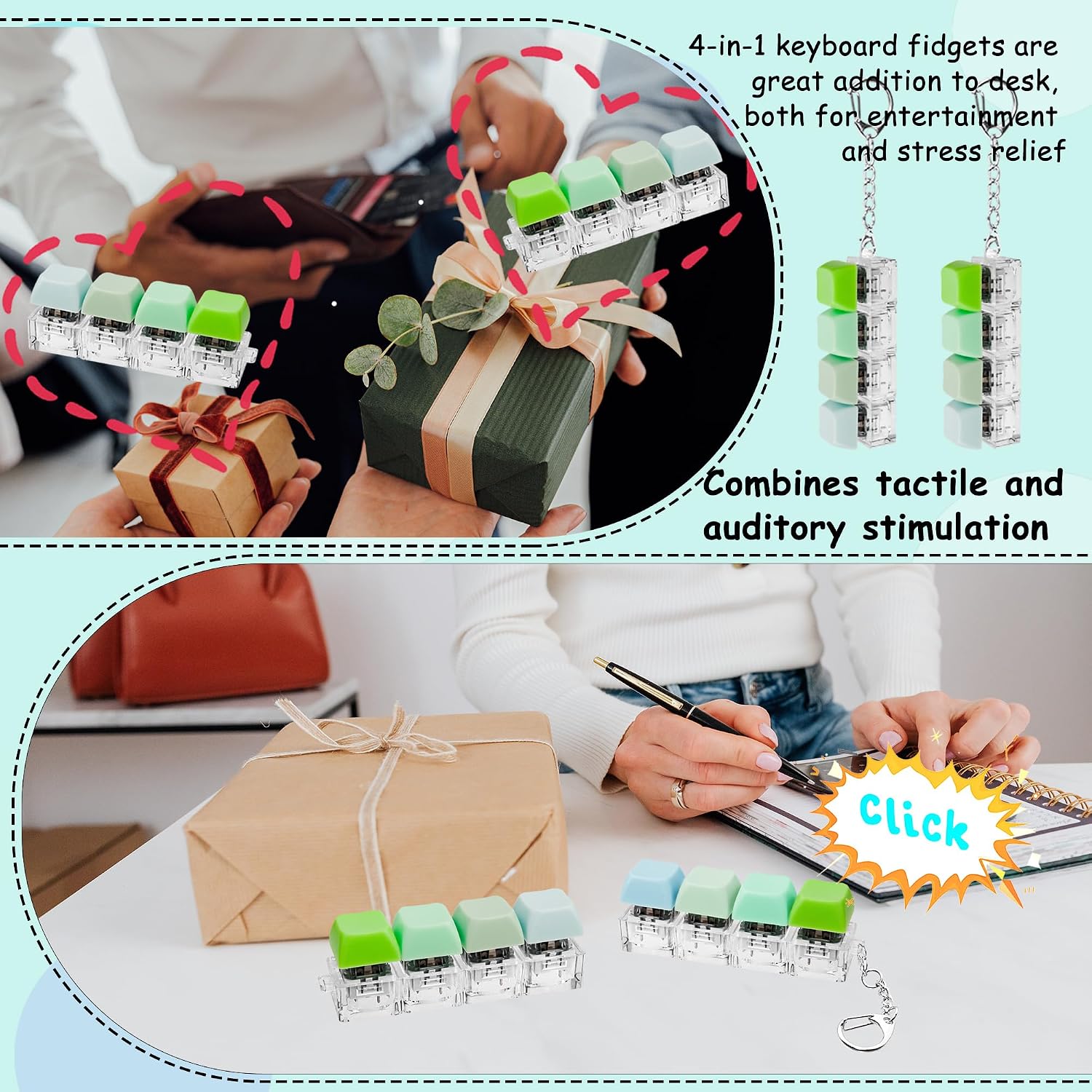 2 PCS Keyboard Fidget Toy, Keyboard Fidget Keychain 4-in-1 Keyboard Decompression Button Finger Clicker Toys, Button Stress Relief Fidget Gifts to Relief Stress (Fours Colors-Green)