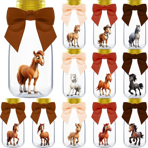 Ethisa Small 12 Pack Horse Party Favors - DIY Candy Jars with Ribbons and Stickers - Cowboy Party Decoration Bottles for Birthday, School Classroom, and Baby Shower - Horse Racing Table Centerpiece