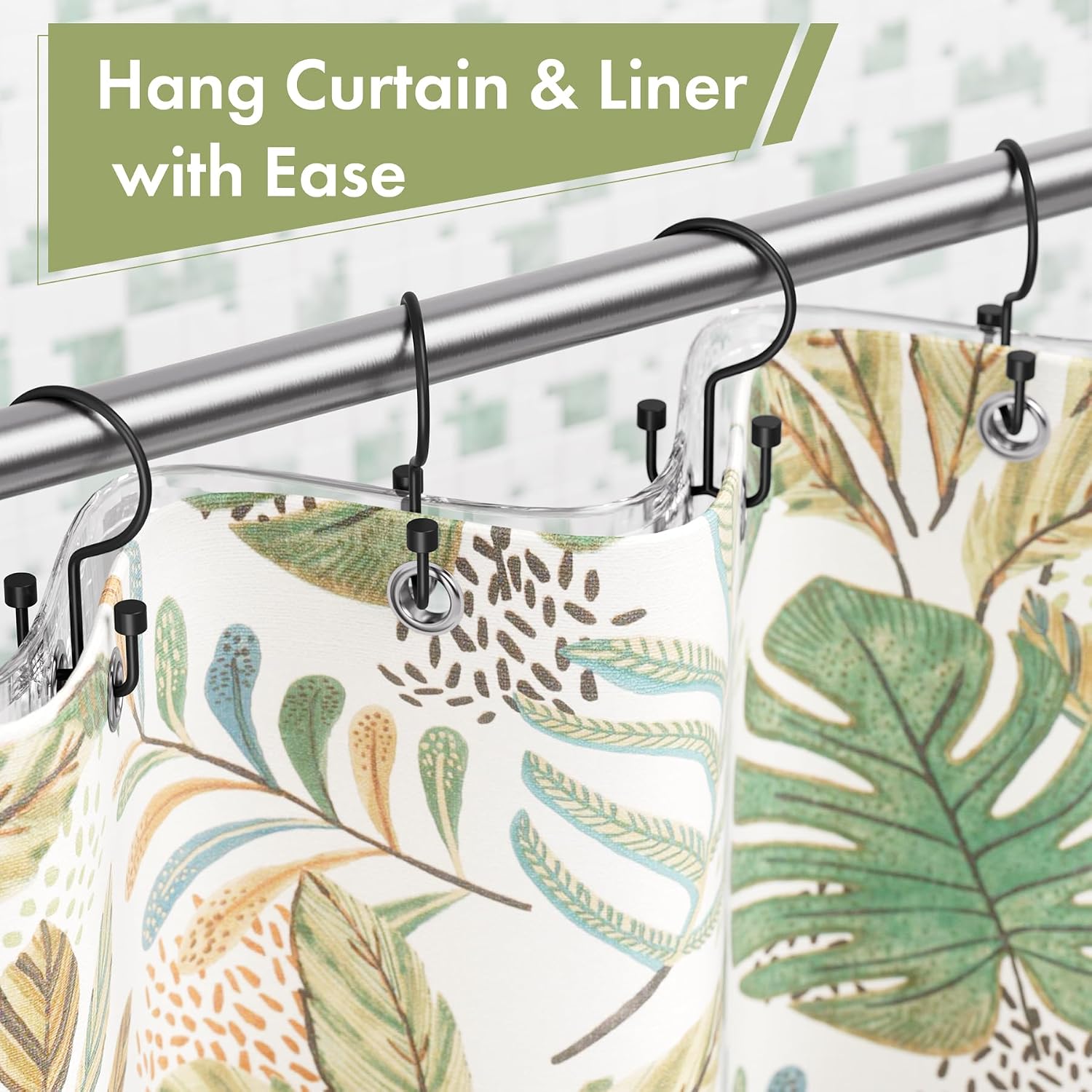 Amazer Black Shower Curtain Hooks, 12PCS Minimalist Simple Double Shower Curtain Rings, Rust-Resistant Metal Shower Hooks, Cylinders Shower Rings for Bathroom Shower Rods Curtains