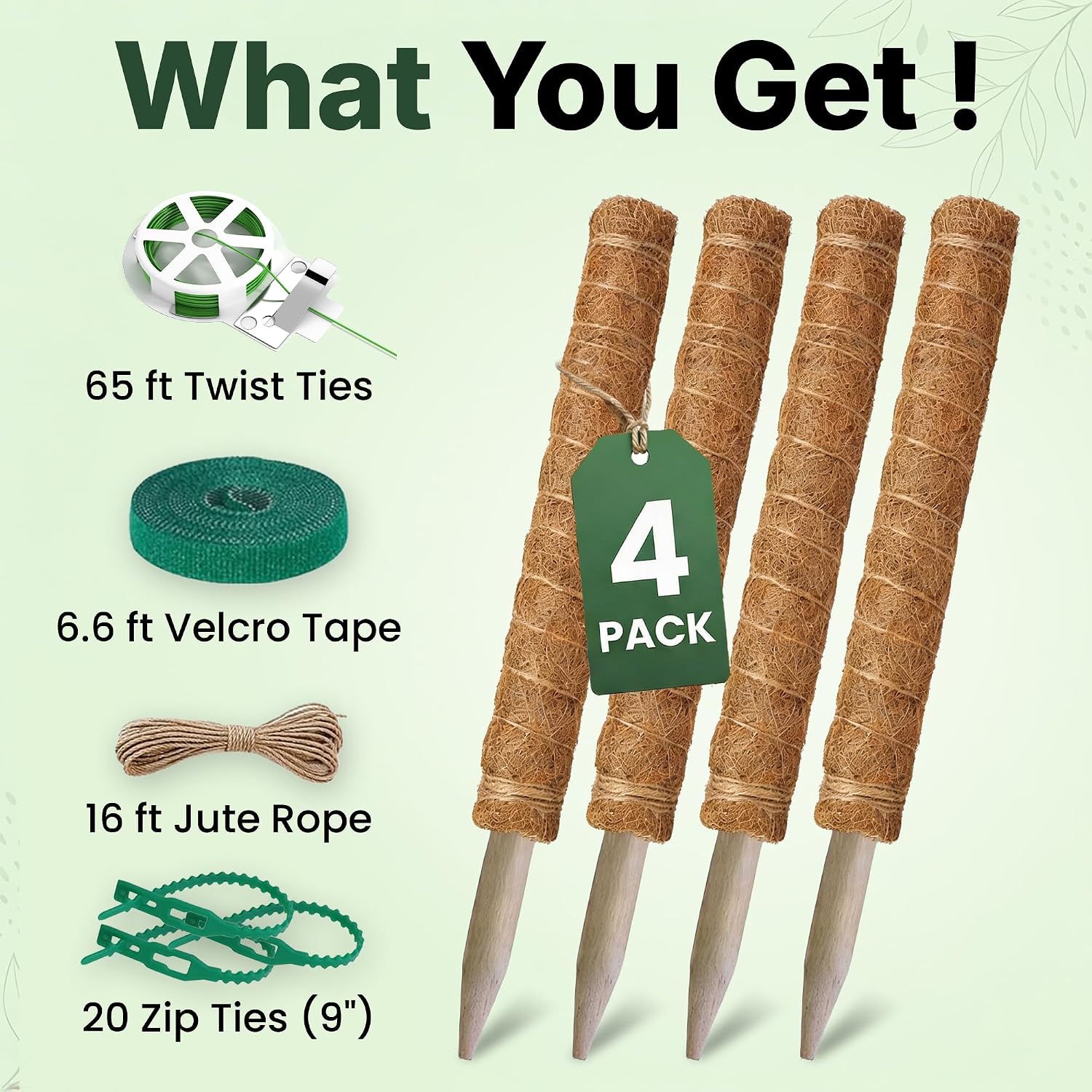 4 Pack 16" Moss Pole Monstera Plant Support - Stackable up to 48"