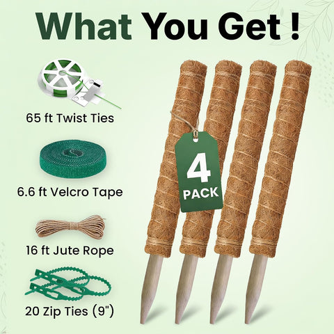 4 Pack 16" Moss Pole Monstera Plant Support - Stackable up to 48"