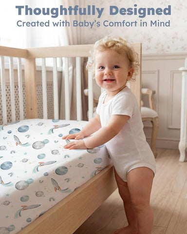 Baby Crib Sheets for Boys and Girls, Fitted Crib Sheets 52" x 28", Soft Breathable Microfiber Sheets for Standard Crib and Toddler Mattress, 2-Pack Blue Rocket