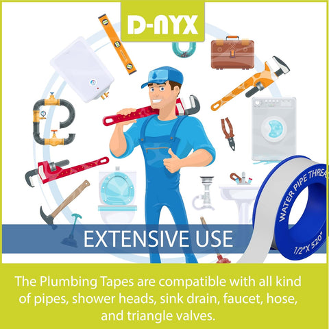 D-NYX Plumbers PTFE Pipe Sealant Tape 1, 4 or 5 Rolls 1/2 Inch(W) X 520 Inches(L) Teflon Plumbers Tape, Flex Seal Tape Waterproof, Plumbing Thread Tap, Water Pipe Sealing (1 Pack)