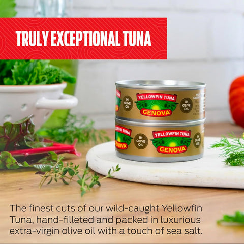 Genova Premium Yellowfin Tuna in Olive Oil, 5 Ounce Cans (Pack of 12), Wild Caught Canned Tuna, Solid Light