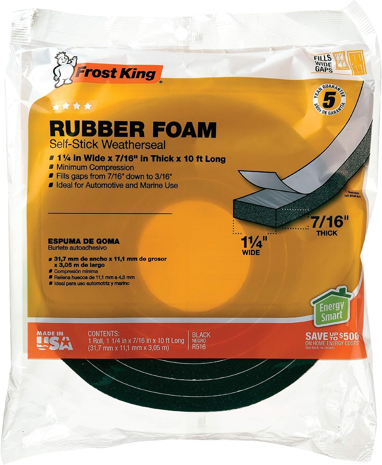 Frost King R734H Sponge Rubber Foam Tape 3/4" W X 7/16" H X 10' L, Black