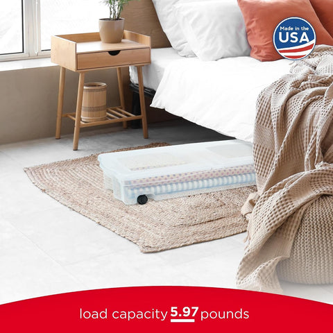 Rubbermaid 68 Quart Under the Bed Low Profile Storage Boxes with Dual Hinged Lids and Easy Rolling Caster Wheels, Clear, 2 Pack