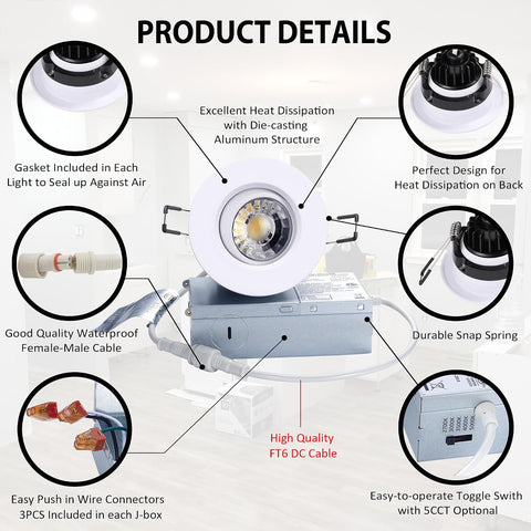 POPANU 3 Inch Gimbal LED Recessed Lights 6 Pack,Adjustable Downlight, White