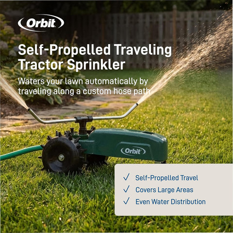 Orbit Traveling Tractor Water Sprinkler - Self-Propelled Traveling Sprinkler for Wide Lawn Coverage - Cast-Iron Body with Adjustable Coverage - Three-Speed - Automatic Shut Off - 58322