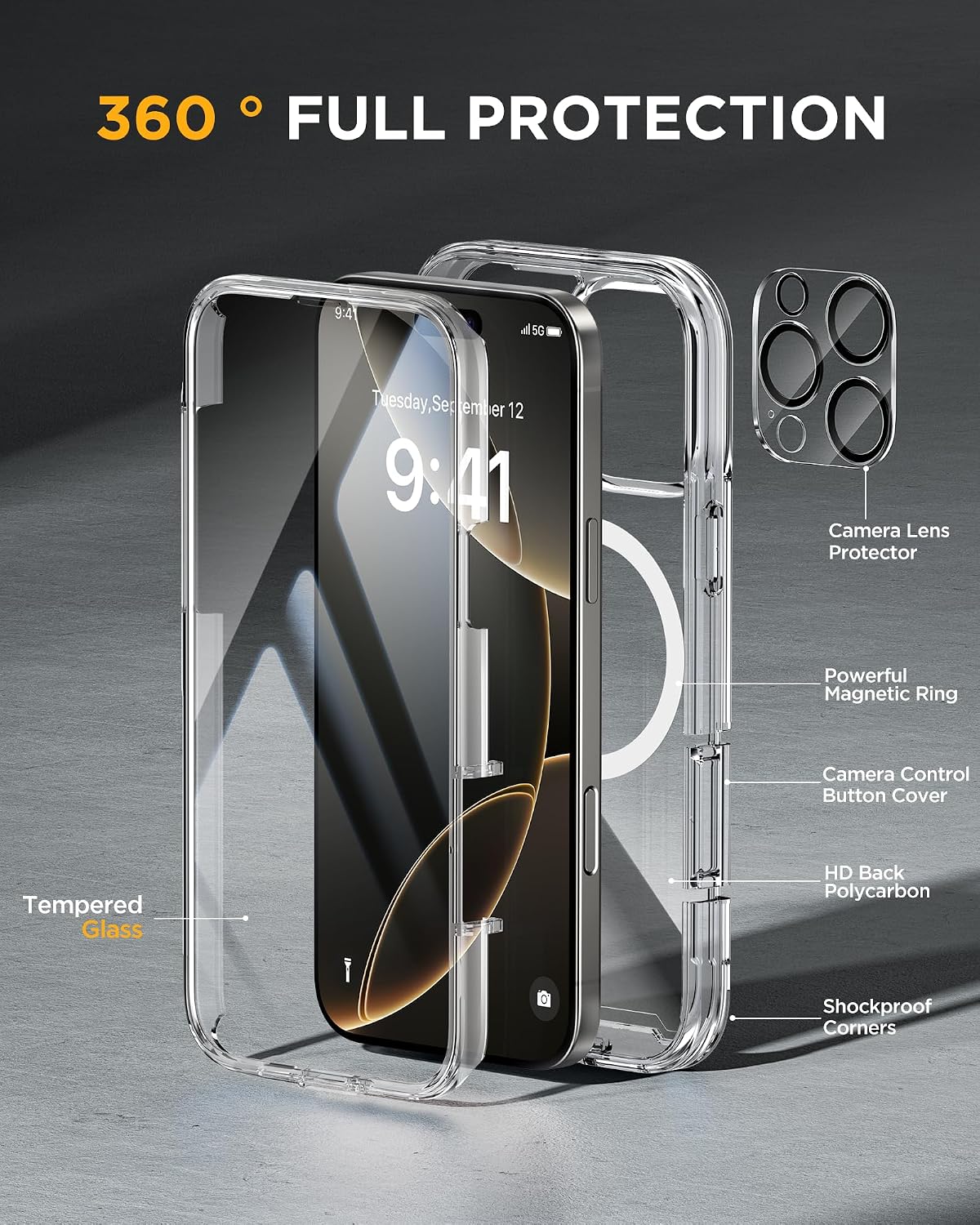 Miracase Magnetic for iPhone 16 Pro Case Full-Body Phone with Built-in Glass Screen Protector, [Compatible with MagSafe] Military Drop Proof 16 Pro Cover Bumper 6.3 inch, Clear