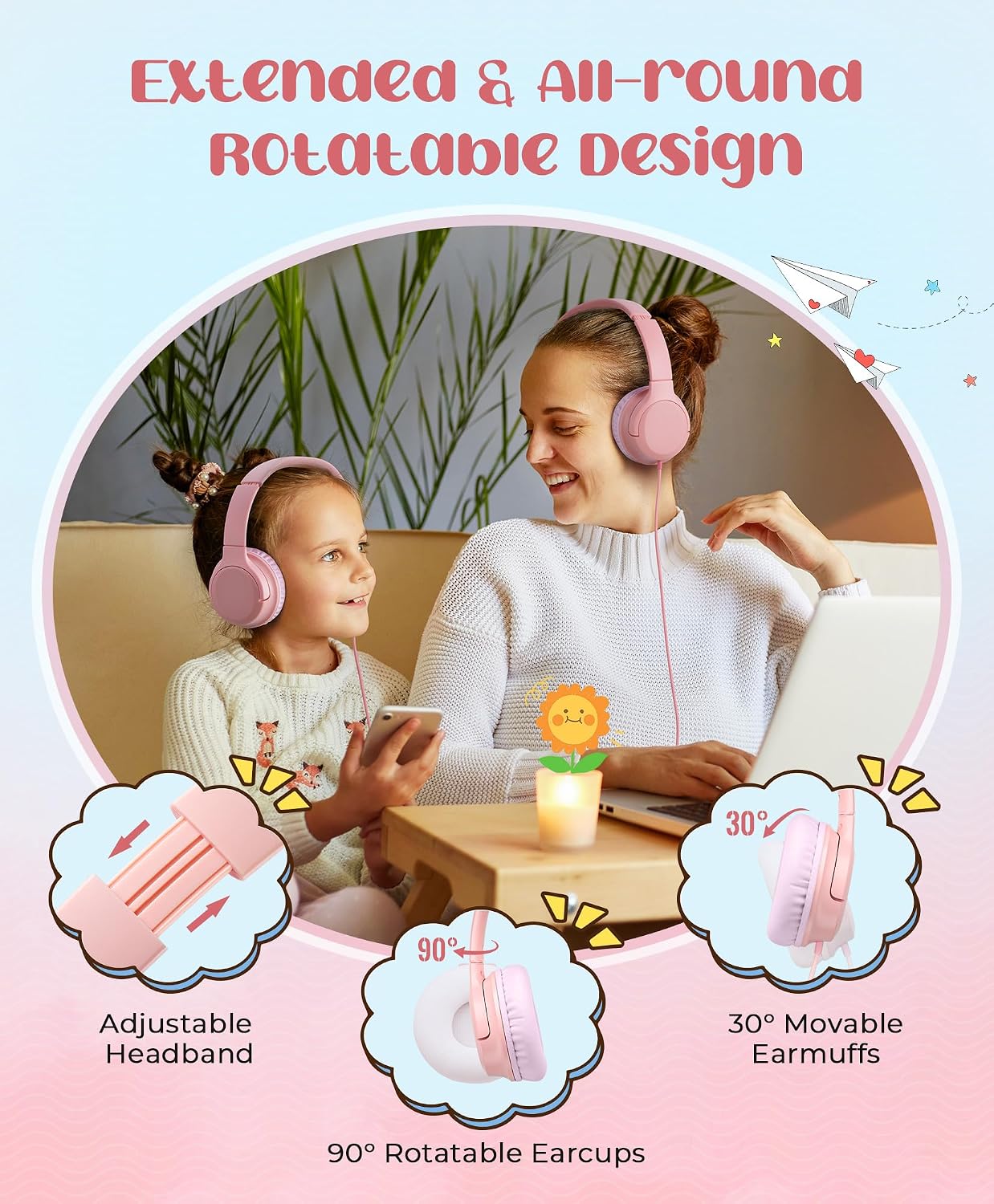 DyBaxa Kids Headphones, Wired On-Ear Foldable Headphones for Kids