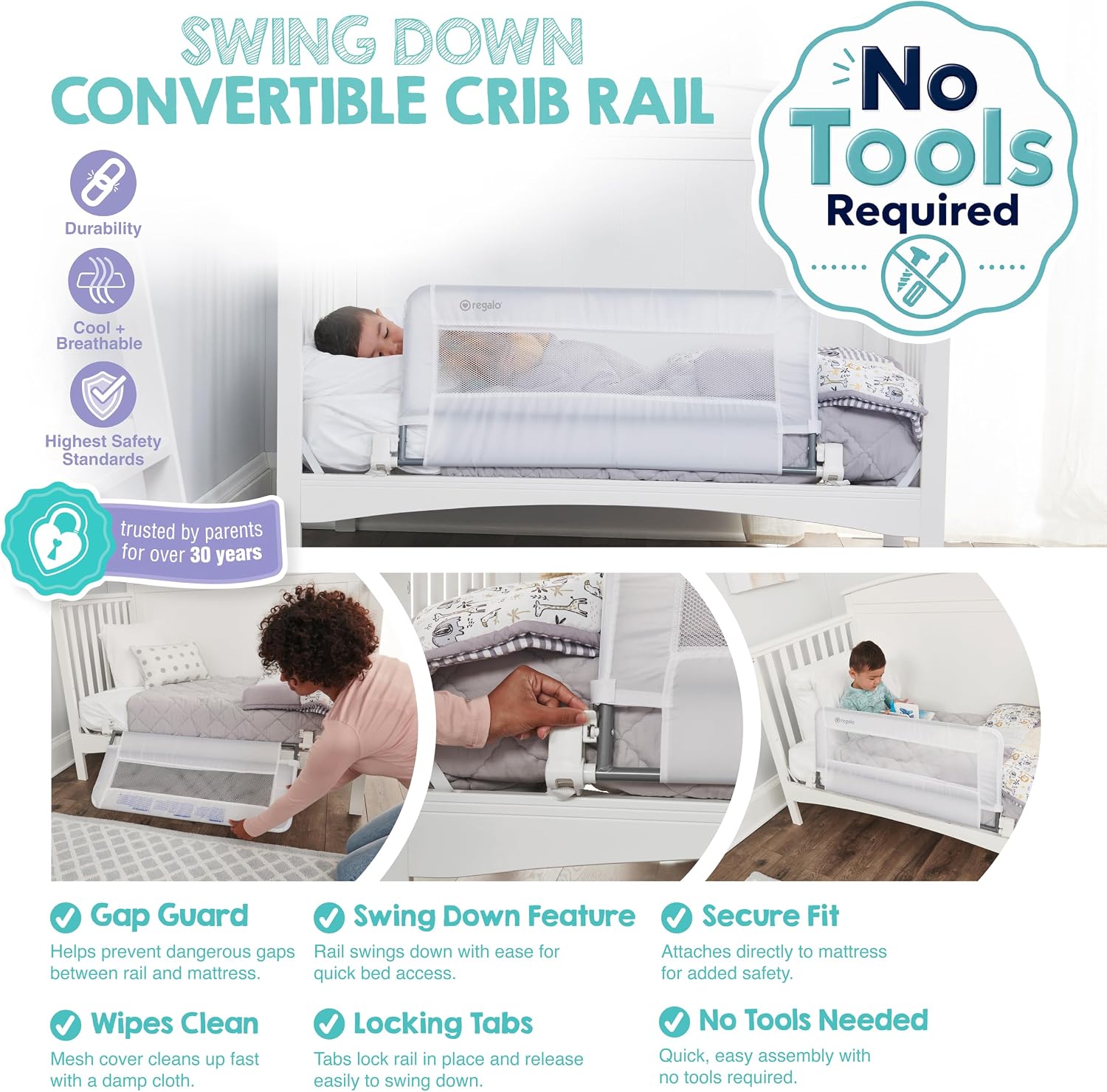 Regalo Safety Swing Down Crib Rail for Toddlers, 33" Baby Bed Rail Guard with Reinforced Anchor Safety System, Convertible Crib Bed Rail, White