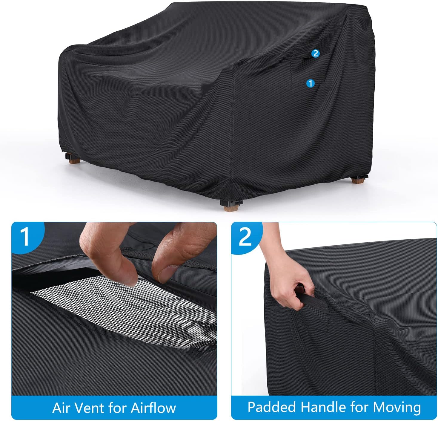 Mrrihand 2-Seater Outdoor Patio Sofa Cover Waterproof 60"W×34"D×30"H Black