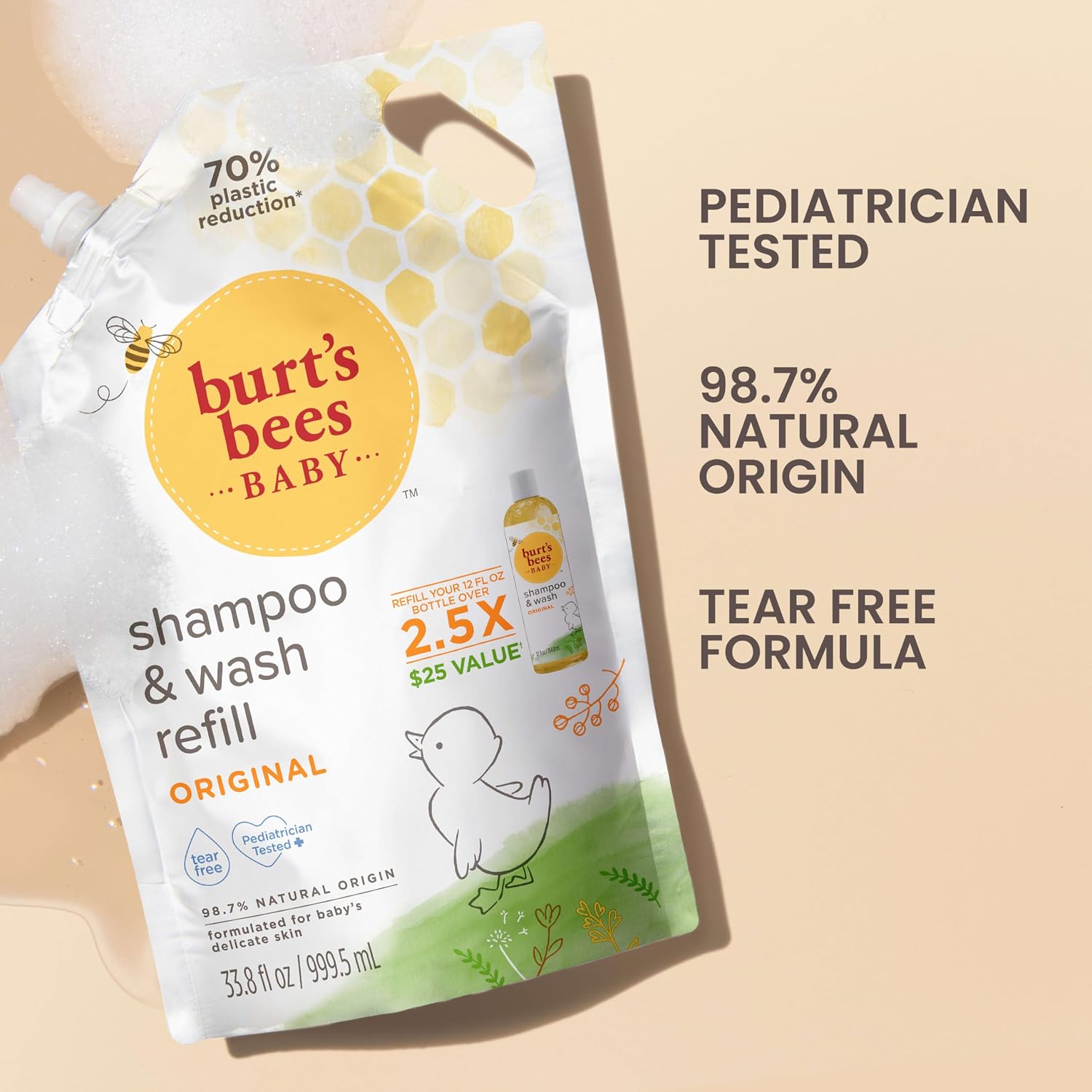 Burt's Bees Baby Shampoo and Baby Wash Refill, Original, Plant-Based Formula, Tear-Free, Pediatrician-Tested, Natural Origin, Gently Cleans Sensitive Skin and Hair, 33.8 Fl Oz