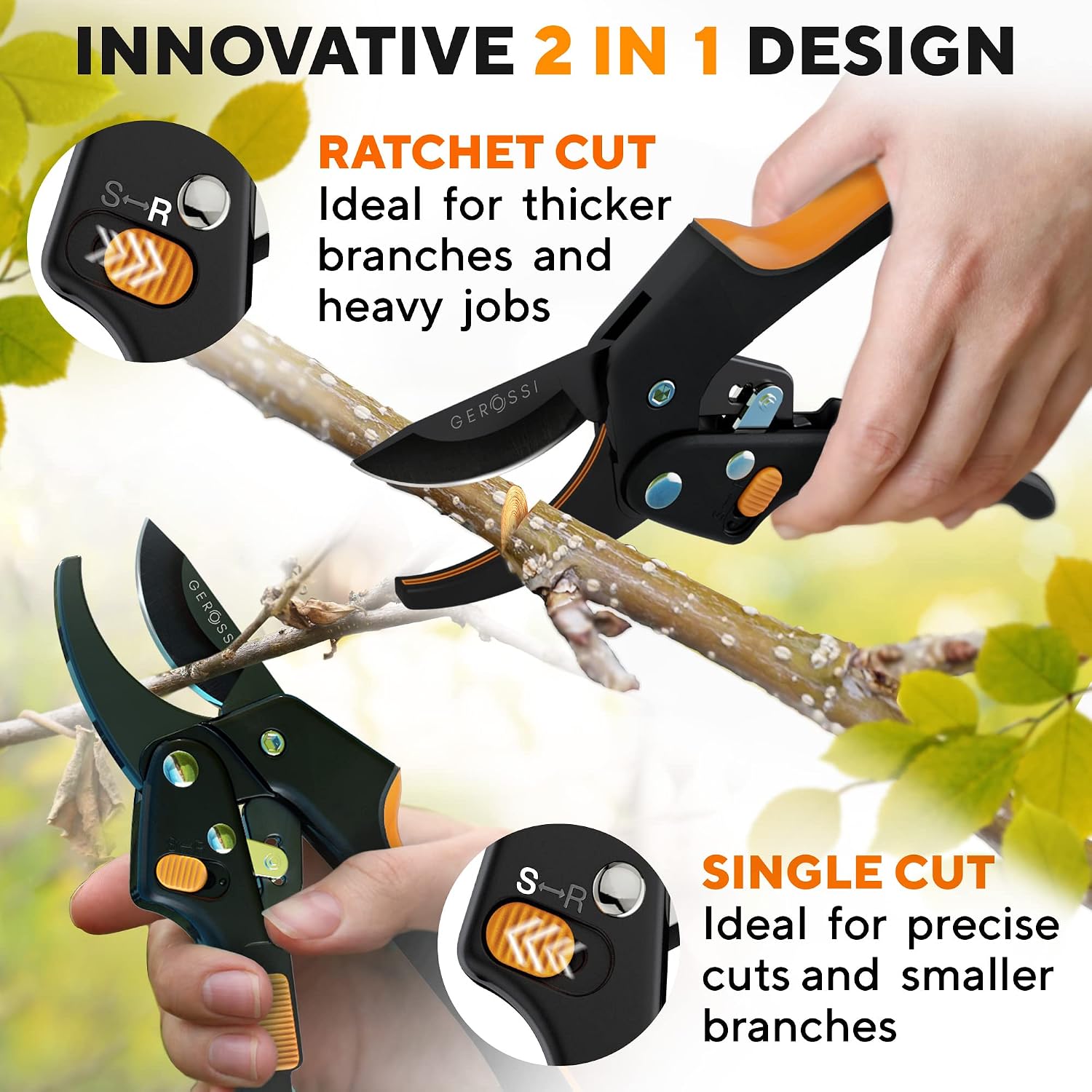 Gerossi Ratchet Pruning Shears Heavy Duty, Hand Pruners for Gardening