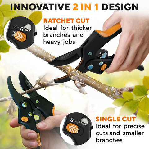 Gerossi Ratchet Pruning Shears Heavy Duty, Hand Pruners for Gardening