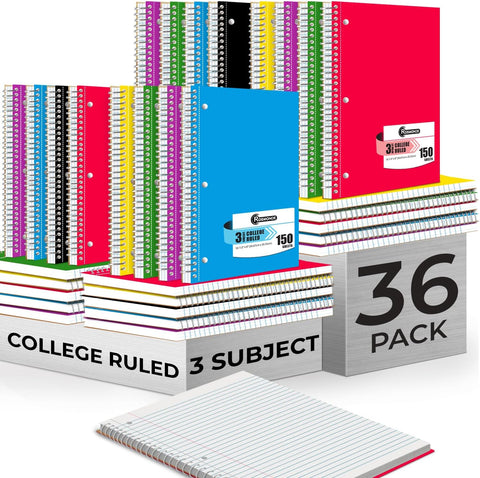 Rosmonde 36 Pack 3 Subject Spiral Notebook College Ruled Bulk, 150 Sheets