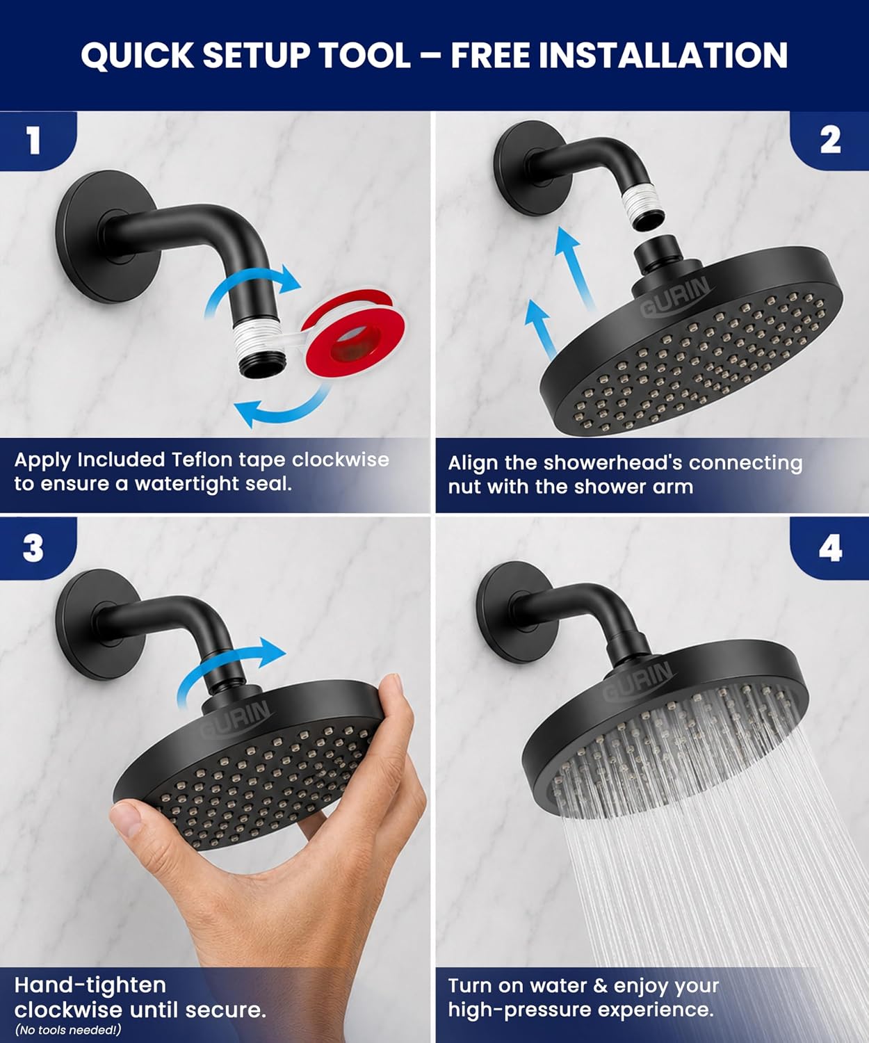 GURIN Shower Head - Luxury Matte Black Finish - Rain Showerhead 6 Inch