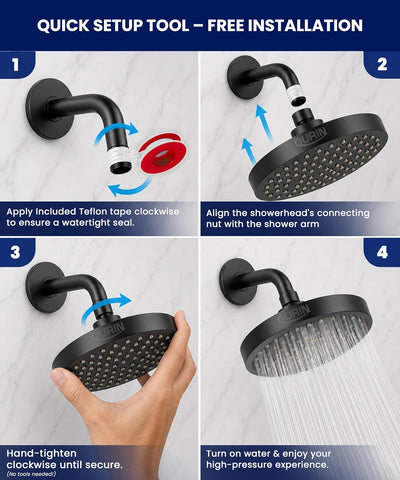 GURIN Shower Head - Luxury Matte Black Finish - Rain Showerhead 6 Inch