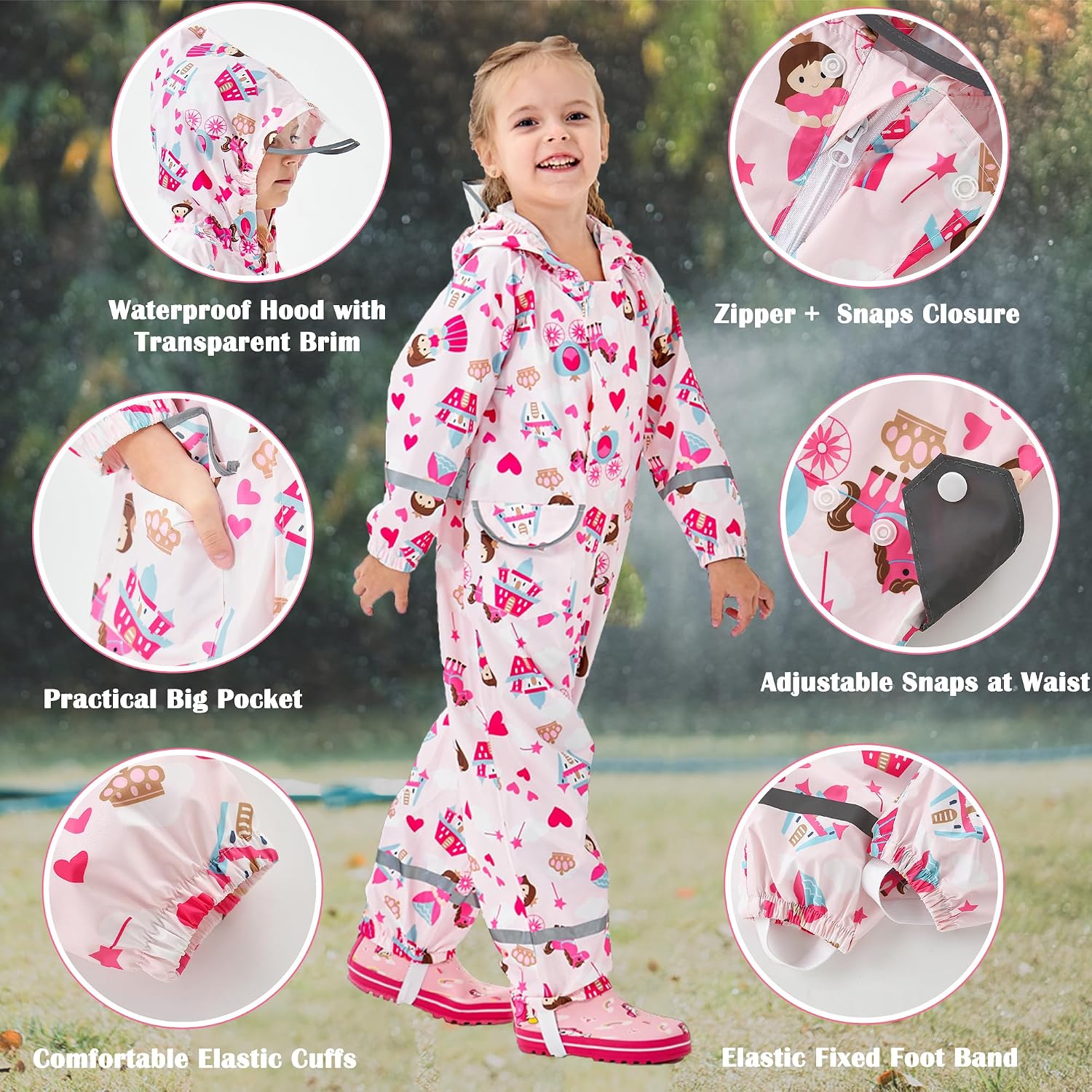 Fewlby Kids Toddler Rain Suit for Boys Girls One Piece Hoodie Zipper Cartoon Waterproof Coverall Rain Jacket 1-10 Years