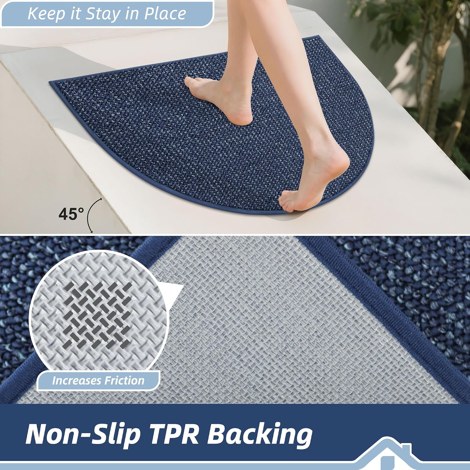 BEQHAUSE Dirt Trapper Door Mat 17" x 30" Half Circle Non Slip Rugs, Blue