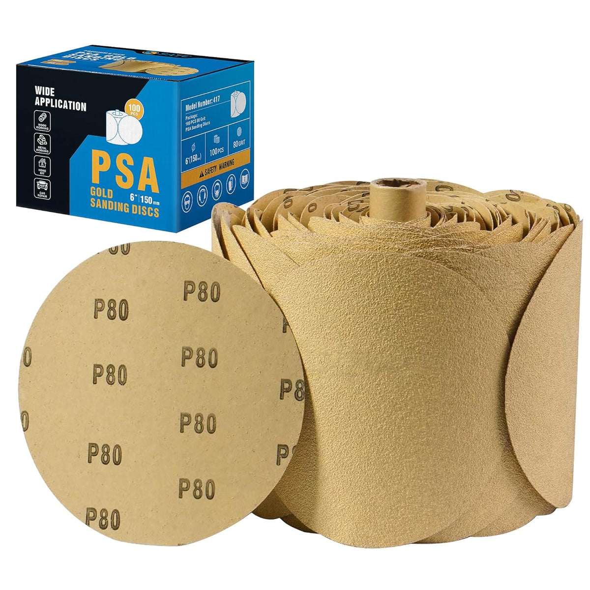 S SATC 100 PCS PSA Sanding Discs 6 Inch Adhesive Backed Sandpaper 80 Grit Sander Attachment for Drill Self Stick Aluminum Oxide Round Automotive Sandpaper with Sticky Back
