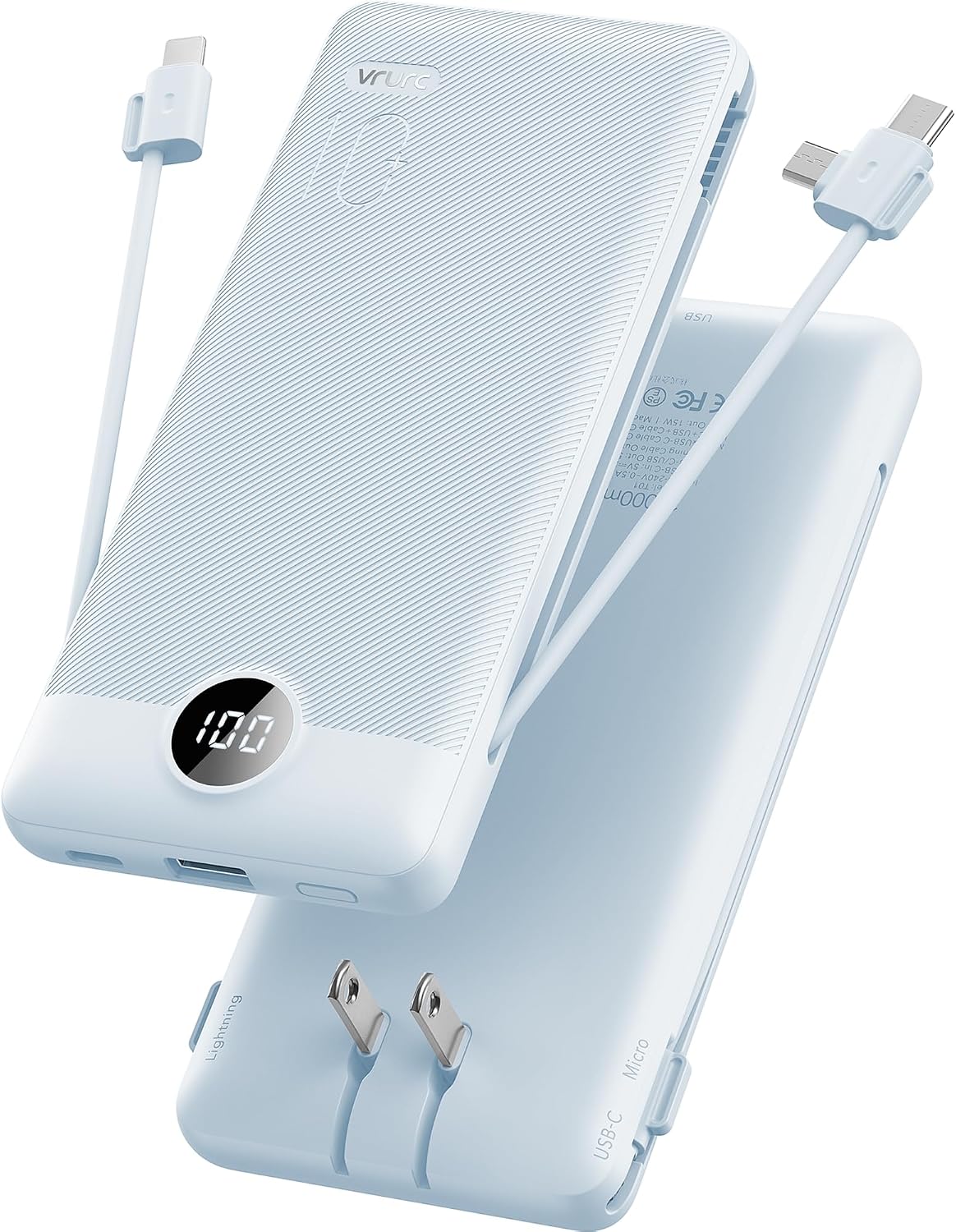 VRURC Portable Charger, Power Bank Built-in Cables and AC Wall Plug