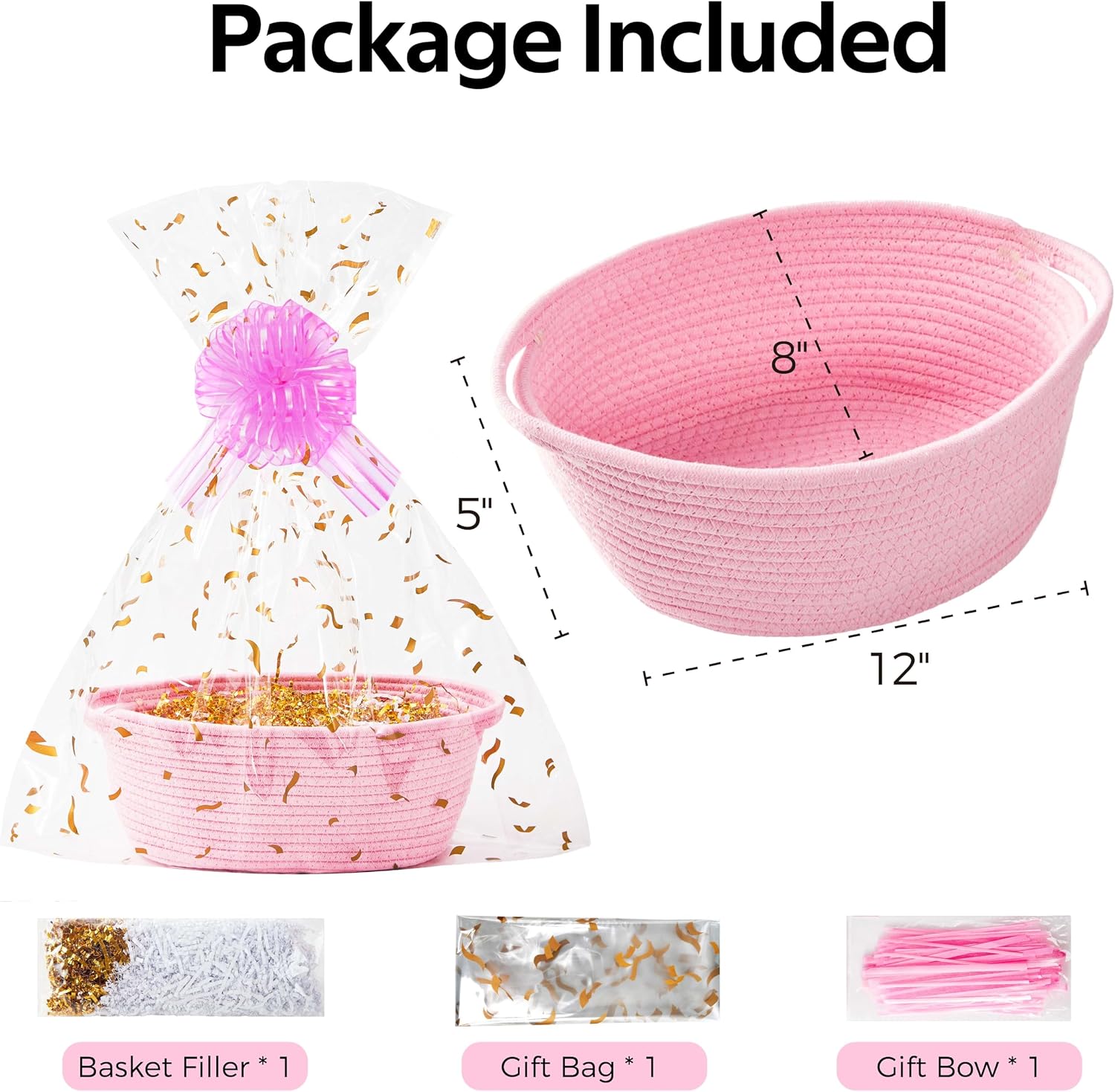 SUNCOLOR Small Woven Pink Gift Basket Set, Cotton Rope Storage Basket 12x8x5 Inch with Cut Paper Shred Filler, Pull Bow and Cellophane Bag for Baby Shower, Birthday, Holidays