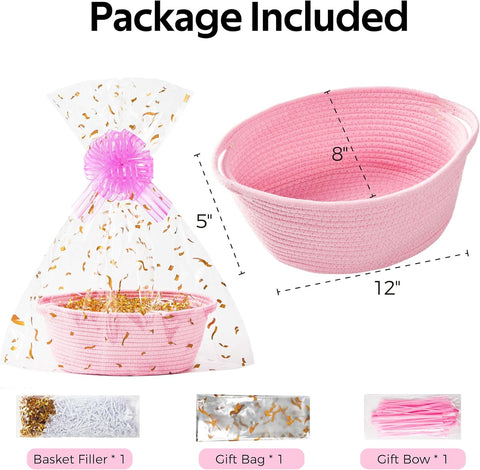 SUNCOLOR Small Woven Pink Gift Basket Set, Cotton Rope Storage Basket 12x8x5 Inch with Cut Paper Shred Filler, Pull Bow and Cellophane Bag for Baby Shower, Birthday, Holidays