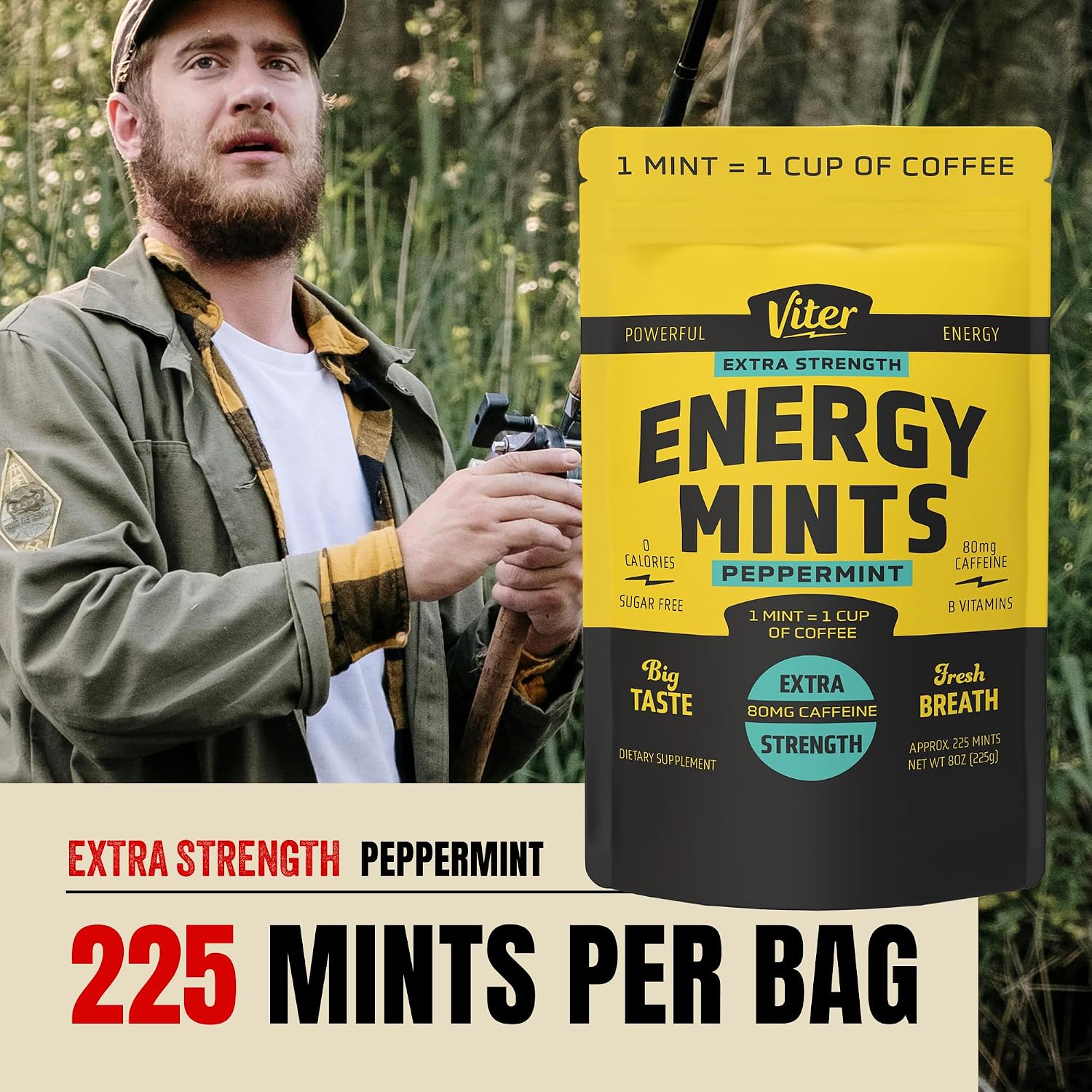 Viter Energy Extra Strength Caffeine Mints 80mg, Peppermint, 8oz Bulk Bag