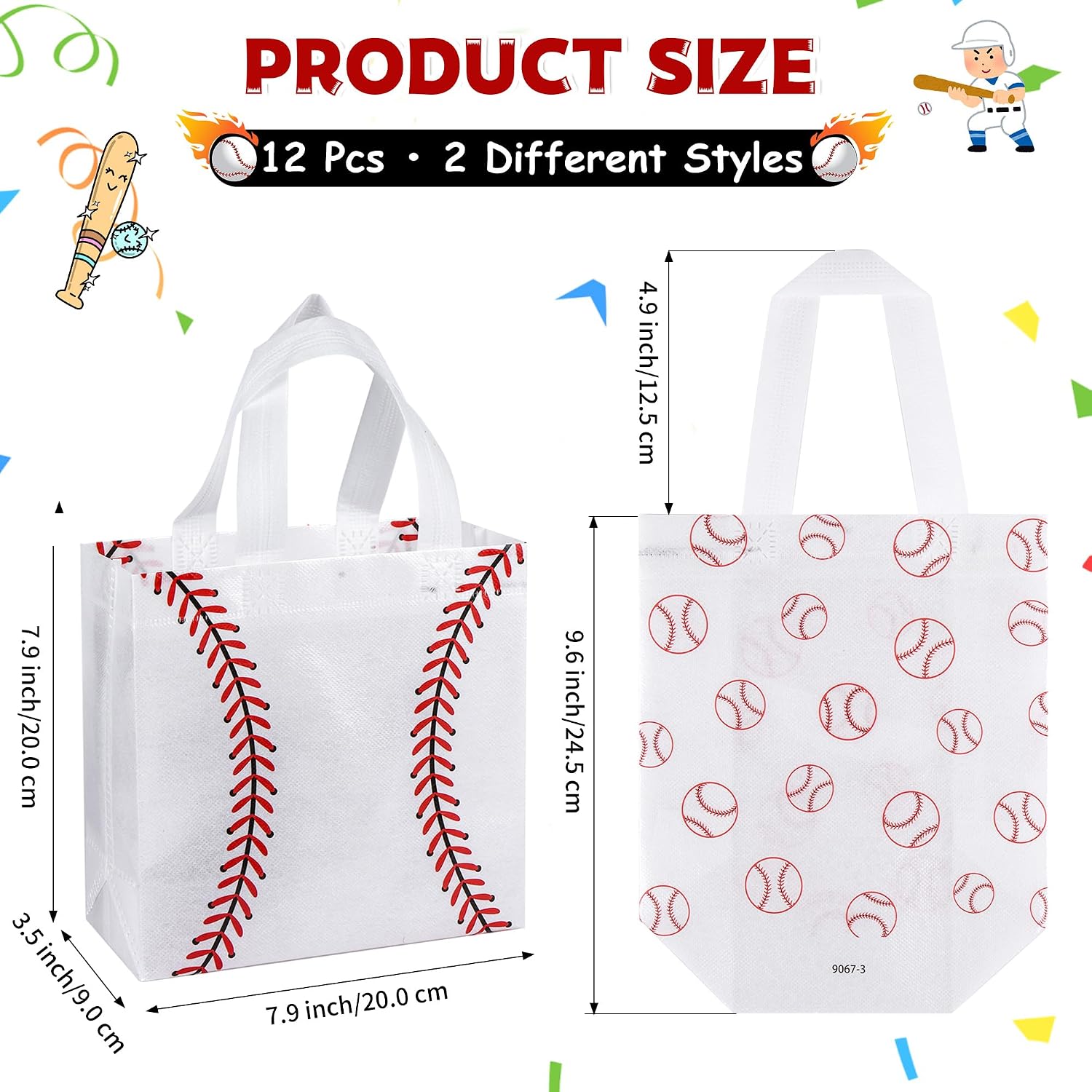 12 Pack Baseball Goodie Bags with Handles: Reusable Non-Woven Baseball Party Favor Bags for Kids Birthday Party, Game Day Gift Bag for Candy, Snacks, Treat, Team Celebration & School Events