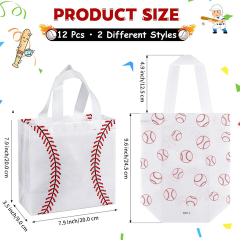 12 Pack Baseball Goodie Bags with Handles: Reusable Non-Woven Baseball Party Favor Bags for Kids Birthday Party, Game Day Gift Bag for Candy, Snacks, Treat, Team Celebration & School Events