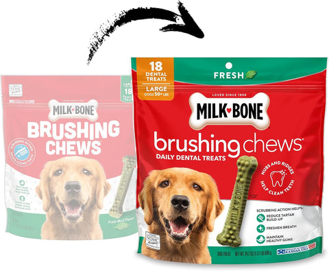 Milk-Bone Brushing Chews, Large, Fresh Flavor, 18 Dental Treats