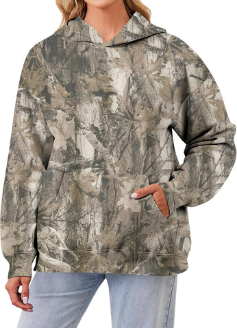 Womens Oversized Camo Hoodie Y2k Maple Leaf Print Fleece Hooded Pullover Sweatshirt Casual Long Sleeve Fall Outfits