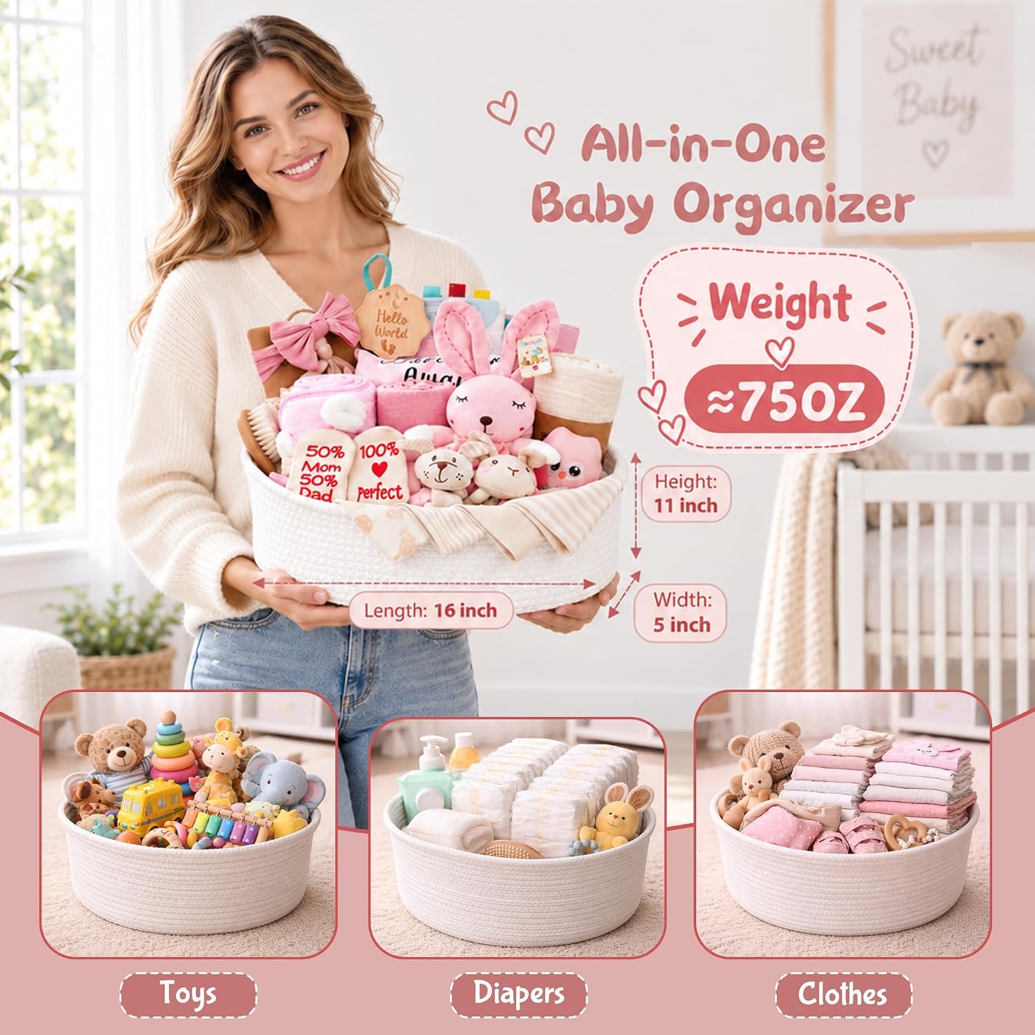 Ultimate Baby Girl Shower Gift Basket Set - Newborn Essentials, Large Pink Gift Basket With Rattle, Swaddle, Diaper Caddy Organizer
