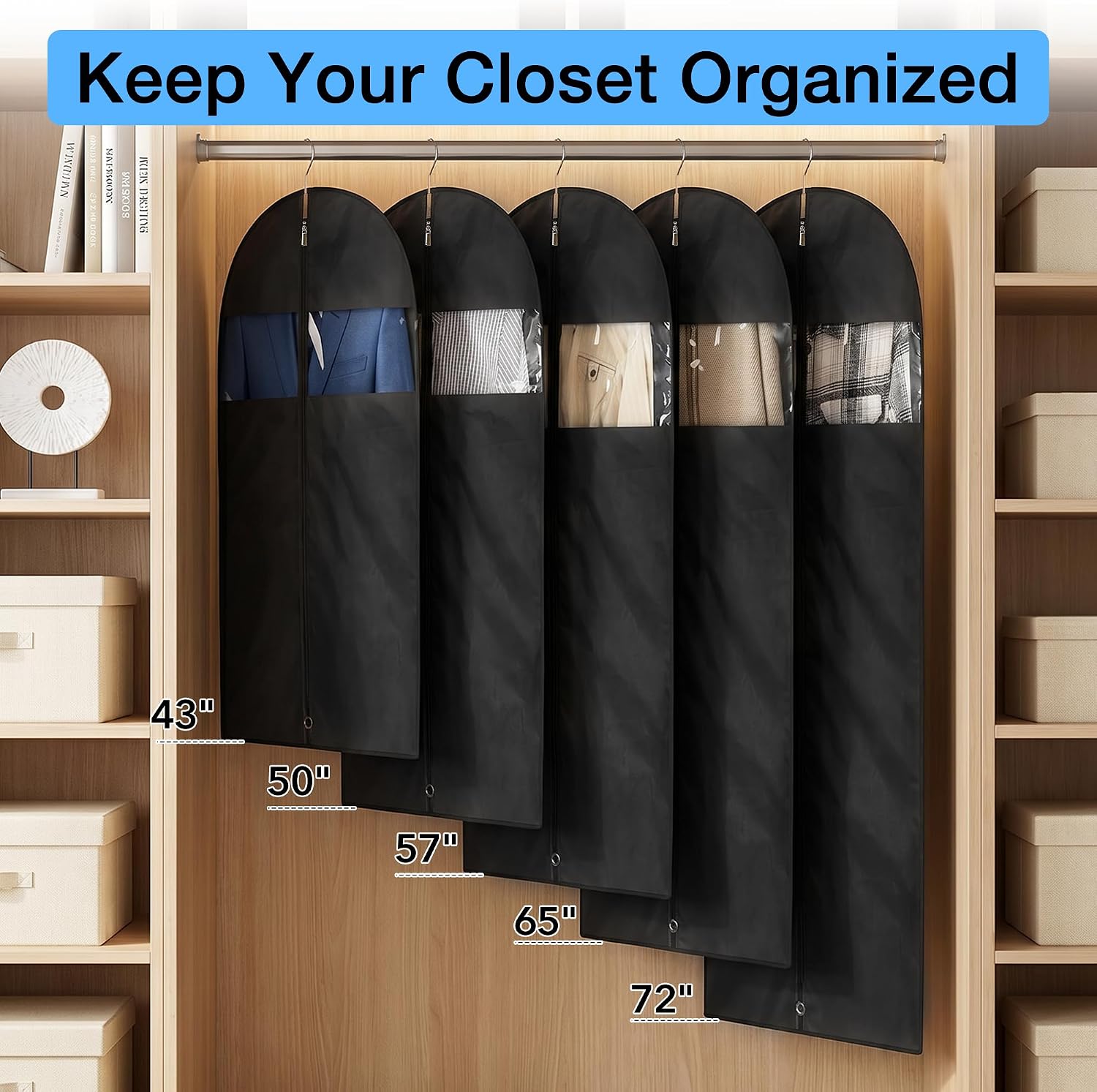 Garment Bags for Hanging Clothes, 50" Suit Bags for Closet Storage, 2-Pack Garment Covers with Clear Window, Foldable Clothing Bags for Suits, Jackets & Dresses (Black)