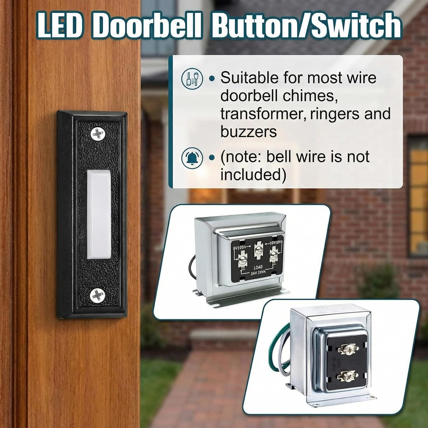 Saillong 1 Piece Lighted Doorbell Button, Black, White Light