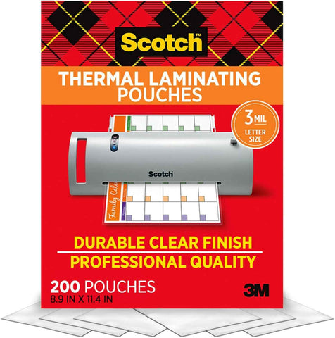 Scotch Thermal Laminating Pouches, 200 Count, Clear, 3 mil. | Ideal Office or School Supplies, Fits Letter Sized Paper (8.9 in. × 11.4 in.)