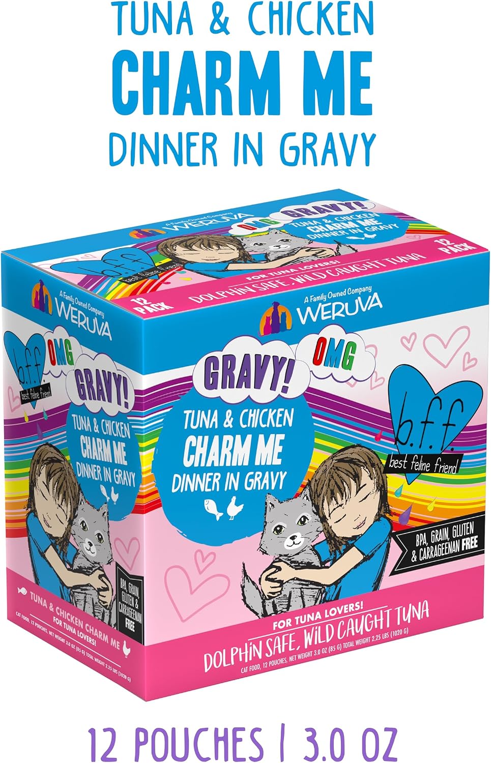 Weruva B.F.F. OMG - Best Feline Friend Oh My Gravy! Tuna & Chicken Charm Me with Tuna & Chicken in Gravy Cat Food, 3oz Pouch (Pack of 48)