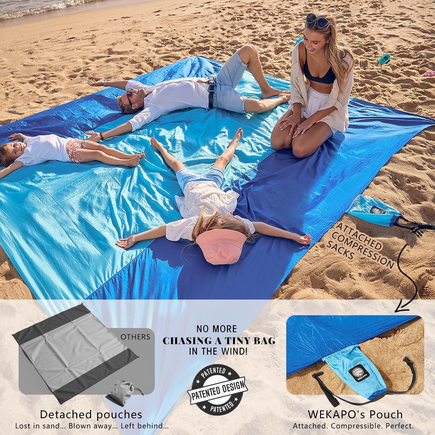 WEKAPO Beach Blanket Sandproof Waterproof, Extra Large Beach Mat, Oversized & Compact Sand Free, Quick Drying Beach Essentials for Vacation, Cruise, Picnic & Camping with Stakes