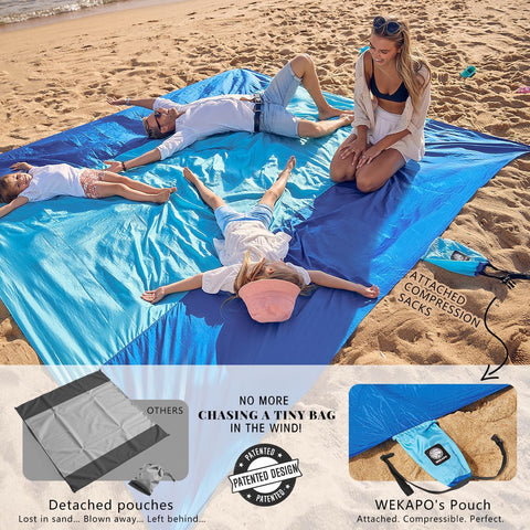 WEKAPO Beach Blanket Sandproof Waterproof, Extra Large Beach Mat, Oversized & Compact Sand Free, Quick Drying Beach Essentials for Vacation, Cruise, Picnic & Camping with Stakes