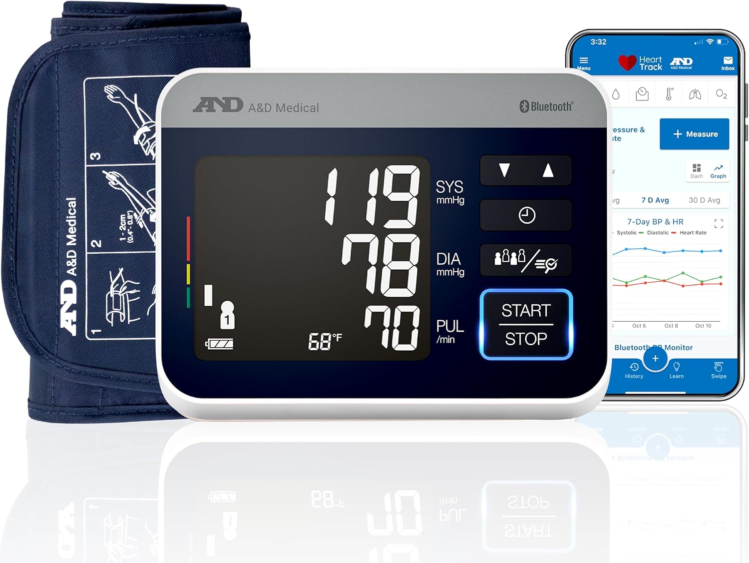 A&D Medical UA-910BLE Bluetooth Blood Pressure Monitor, 4 Users, Wide Cuff