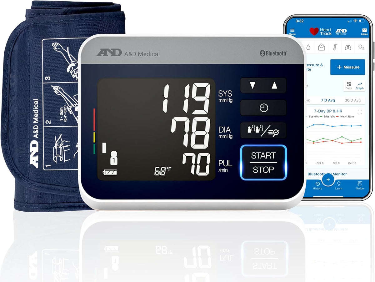 A&D Medical UA-910BLE Bluetooth Blood Pressure Monitor, 4 Users, Wide Cuff