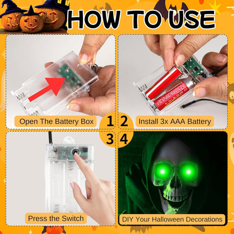 4 Pack Halloween Decoration LED Glowing Light Up Skulls Eyes, Horror DIY Glowing Eyes Lights Battery Operated for Halloween Decoration Masks, Skulls, Pumpkin, Spider, Tombstone Props (Green)