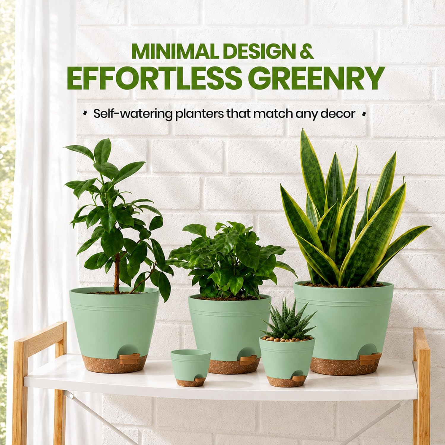 Utopia Home Self Watering Pots for Indoor Plants 6.8"/6.4"/5.9"/5.5"/4.9" Set of 5, Planters for Indoor Plants, Small Multi-Size Flowerpot, Plant Pots with Drainage & Reservoir (Olive Green)